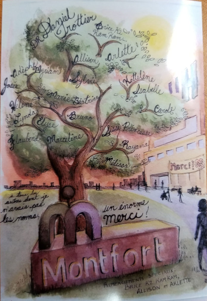peinture-patiente-merci Une peinture d'un arbre, du logo Montfort et de gens qui marchent avec des noms